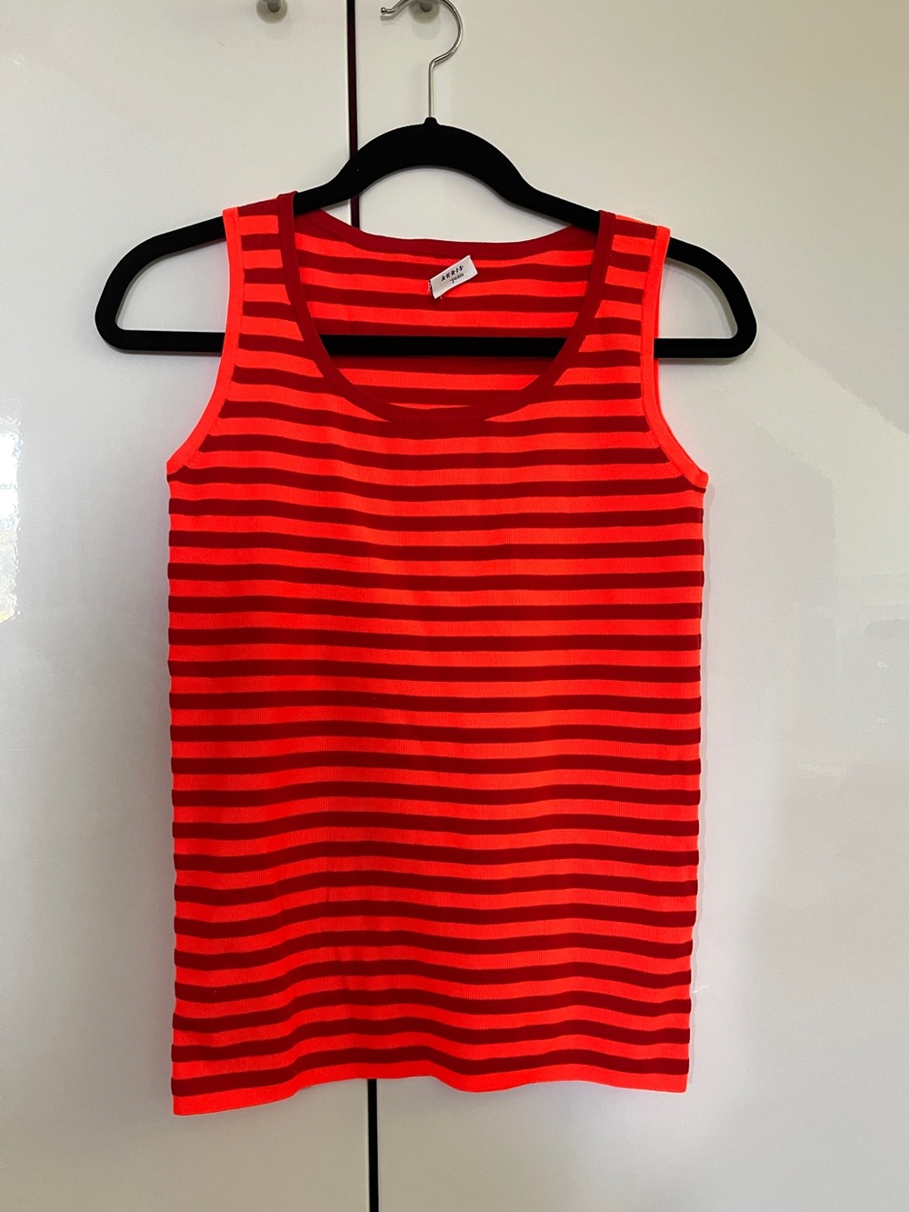 Akris Punto Swiss Striped Bold Neon Orange Red Stretch Sleeveless Knit Top